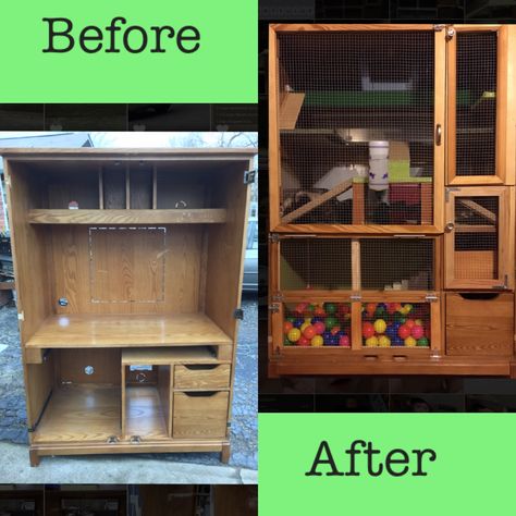 Ferret Habitat Makeover - Old Computer Hutch Makeover To Ferret House.  Made It Myself In Two Weeks. Ferret Habitat Ideas, Ferret House Ideas, Ferret Play Area Ideas, Ferret Habitat, Ferret Cage Ideas, Rat Cage Diy, Ferret House, Computer Hutch, Ferret Diy