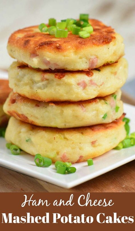 Ham and Cheese Mashed Potato Cakes staked on a plate Cooking Mashed Potatoes, Mashed Potato Patties, Potatoes And Ham, Potato Cakes Recipe, Mashed Potato Cakes, Cheese Mashed Potatoes, Cheese Potato, Leftover Potatoes, Leftover Ham Recipes