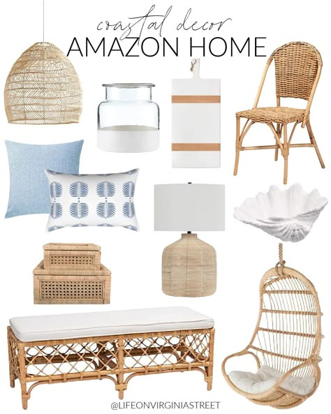 Clamshell Decor, Amazon Coastal Home Decor, Guest Room Baskets, Rattan Hanging Chair, Coastal Dining Chairs, Basket Pendant Light, Rattan Lamps, Coastal Chairs, Amazon Kitchen Decor