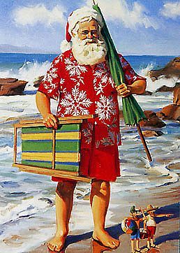 Santa on vacation - Shore carrying beach chair and umbrella with mini elves - Tom Browing Christmas In South Africa, Christmas In Australia, Aussie Christmas, Florida Christmas, Hawaiian Christmas, Beachy Christmas, Beach Santa, Summer Christmas, Tropical Christmas