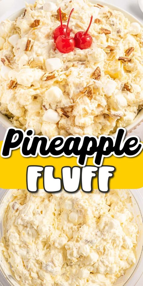 Our Pineapple Fluff is a light and creamy dessert that combines the tropical flavors of pineapple with a fluffy texture that melts in your mouth. Best of all, this fluff salad is a 5-minute dessert or side dish recipe! Pineapple Fluff Salad Recipes, Hawaiian Pineapple Fluff, Jello Fluff Recipes Cool Whip, Pineapple Slaw Recipes, Pineapple Fluff Salad, Dessert Fluff, Fruit Fluff Salad, Side Dishes For A Bbq, Pudding Fluff