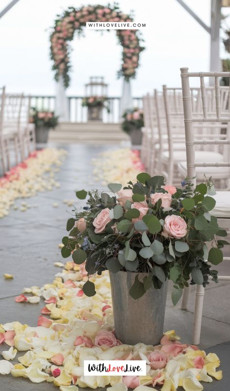 Your walk down the aisle will truly be magical and perfect with this exquisite design. Flowers On Aisle, Outdoor Wedding Aisle, Wedding Aisle Decorations Outdoor, Wedding Aisle Outdoor, Wedding Archway, Winter Wedding Guests, Hanging Flower Baskets, Enchanted Wedding, Wedding Aisle Decorations