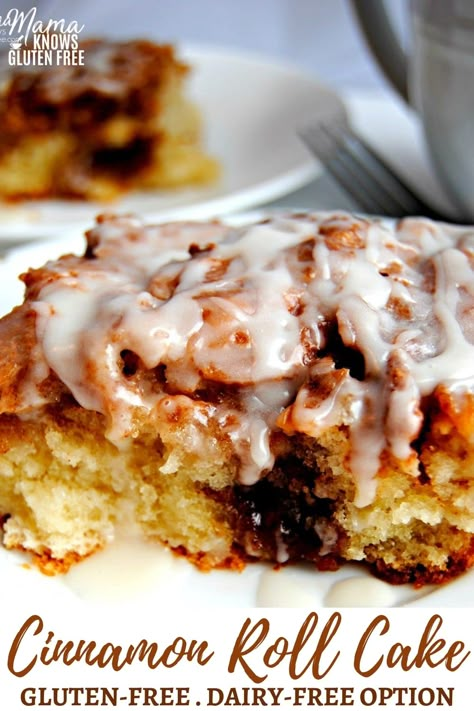 Easy gluten-free cinnamon roll cake. This gluten-free cinnamon cake has both the texture and the taste of a gooey cinnamon roll. Recipe also has a dairy-free option. #cinnamonrolls #glutenfreerecipe #glutenfreedairyfree Dairy Free Coffee Cake Recipe, Gluten Free Work Snacks, Easy Gluten Free Coffee Cake, Gf Cinnamon Roll Cake, Gf Df Coffee Cake, Gluten Free Cinnamon Cake, Gluten And Milk Free Desserts, Gluten Free Dairy Free Coffee Cake, Gluten Free Breakfast Desserts