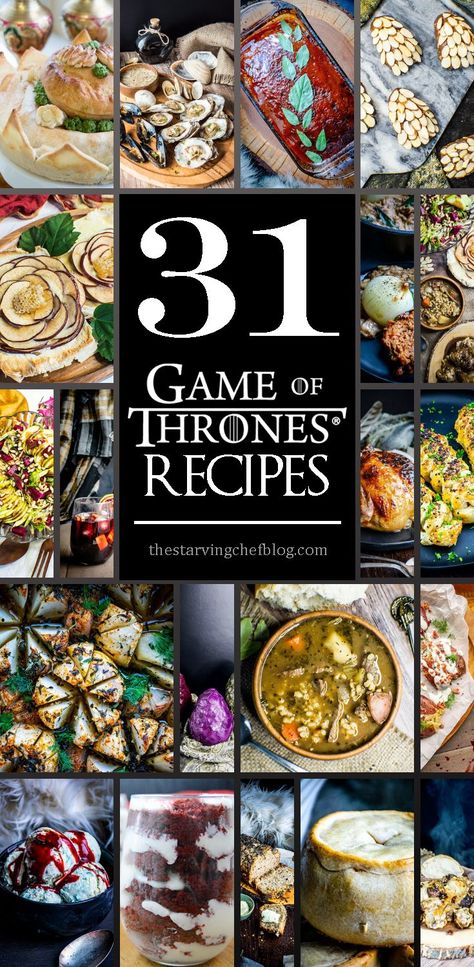 GAME OF THRONES RECIPES : Recipes from Westeros and beyond. Perfect for your Game of Thrones watch party food! Here's what to serve at your Game of Thrones party! Quick and easy Game of Thrones recipes! Game Of Thrones Inspired Food, Dnd Party Ideas Food, Fantasy Party Food Ideas, Midevil Food Parties, Fantasy Inspired Food, Game Of Thrones Dessert, Game Of Thrones Snacks, Game Of Thrones Feast, Medieval Appetizers