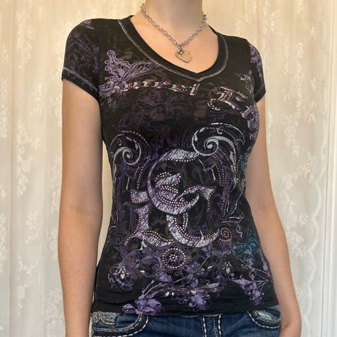 Cyber Y2K 2000s Grunge Mall Goth Black T-Shirt With Rhinestones / Gems #2000s #2000sfashion #cybergoth #cybery2k #y2kgrunge #depopseller #mallgoth #affliction Gem Shirts Y2k, Purple Y2k Shirt, Black Y2k Shirt, Soft Affliction, Y2k Rhinestone Top, 2000s Shirts, Blue Butterfly Flower, Maisie Core, Y2k Wardrobe