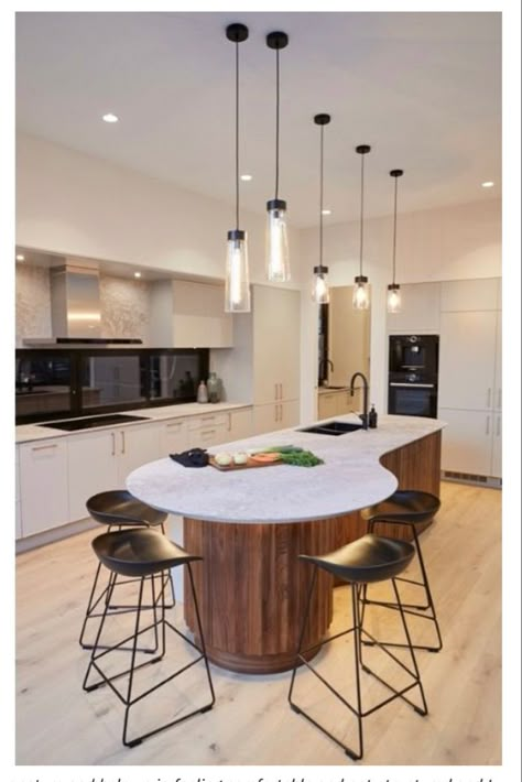 Curved Kitchen Bar Counter, Irregular Shaped Kitchen Island, Pill Shaped Kitchen Island, Circle Island Kitchen, Oval Island Kitchen, T Shaped Island With Seating, Kitchen Interior Island, Kitchen Bench Ideas, Hiasan Dalaman Dapur