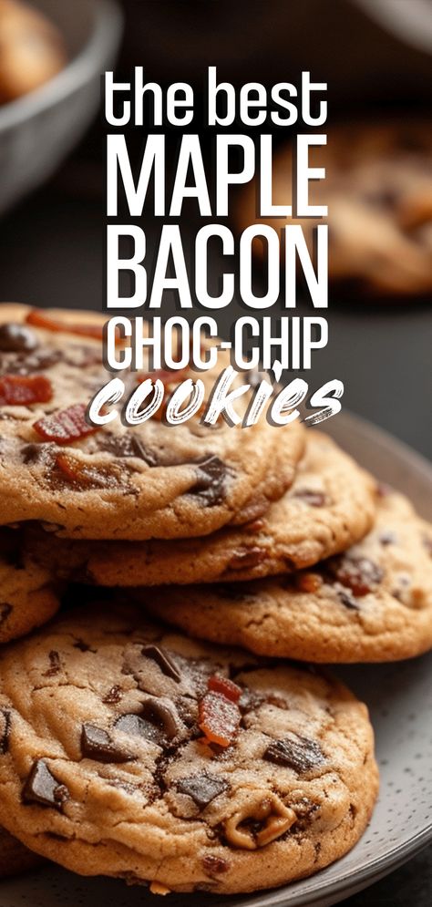 Chocolate Chip And Bacon Cookies, Chocolate Chip Bacon Cookies, Maple Bacon Chocolate Chip Cookies, Bacon Cookies Recipes, Maple Bacon Cookies Recipes, Bacon Chocolate Chip Cookies Recipe, Bacon Maple Cookies, Bacon Dessert Recipes, Maple Bacon Cookies