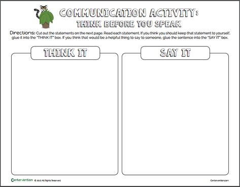 think it vs say it worksheet Think It Or Say It Social Skills, Think It Or Say It Activities, Think Before You Speak Activities, Think It Or Say It, Values Clarification, Expressive Therapy, Social Work Offices, Communication Activities, Think Before You Speak