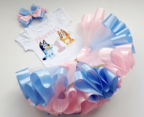 Bluey Birthday Outfit For Girl, Bluey Birthday Outfit, Pink And Blue Birthday, Party Outfit Pink, Fiesta Bluey, Diy Tutus, 1st Birthday Tutu, Bluey Party, Blue Tutu