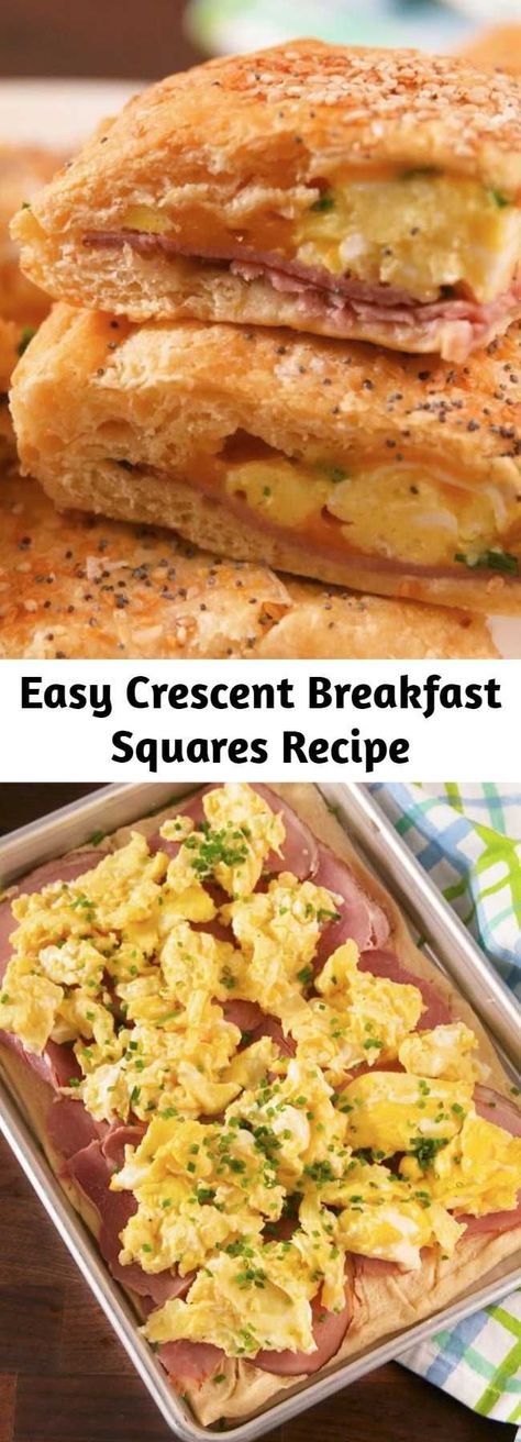 Easy Crescent Breakfast Squares Recipe - We love ourselves a good crescent dough hack, and this one is one of our faves. Look for dough you can buy as a full sheet (as opposed to the kind with perforated edges). It's not totally necessary, but it'll make things easier to assemble. #easy #recipe #eggs #cheese #crescentdough #dough #breakfast #brunch #ham #sheetpan #squares Ham And Cheese Crescent Roll Squares, Pillsbury Dough Sheet Recipes Breakfast, Crescent Sheet Recipes, Crescent Dough Sheet Recipes, Sheet Recipes, Breakfast Squares, Crescent Squares, Crescent Roll Recipes Dinner, Crescent Breakfast