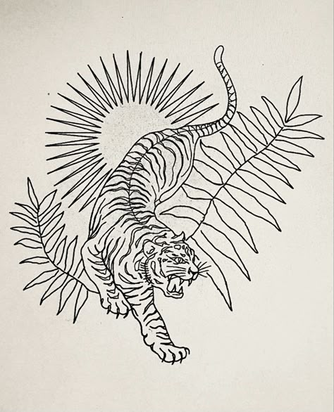 Tiger Tattoo Back Of Arm, Tiger And Sun Tattoo, Tiger Sun Tattoo, Wrap Around Tiger Tattoo, Feminine Tiger Tattoo For Women, Tiger In Grass Tattoo, Tiger Tricep Tattoo, Aesthetic Tiger Tattoo, Line Work Tiger Tattoo