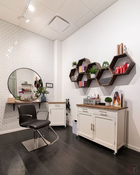 Salon Closet Ideas, Salon Suite Color Ideas, Aztec Salon Decor, Double Salon Suite Decor, Space Saving Salon Station, Salon Color Cabinet Ideas, Small Salon Studio Decor, Stylist Station Ideas Decor, Home Hairdressing Salon Ideas