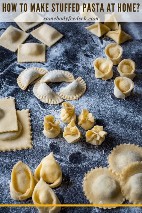 Filled Pasta: How to Make Ravioli, Tortellini & Other Stuffed Pasta Shapes? Make Ravioli, How To Make Ravioli, Ravioli Dough, Pasta Dough Recipes, Ravioli Filling, Ravioli Pasta, Homemade Pasta Recipe, Stuffed Pasta, Filled Pasta