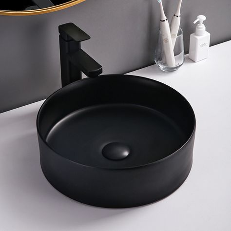 Modern Sanitary Ware Lavabo Washbasin Counter Top Round Vessel Sink Bowl Hand Wash Basin Matte Black Ceramic Bathroom Sink - Buy Bathroom Sink,Black Wash Basin,Bathroom Round Black Vessel Sink Product on Alibaba.com Black Basin Bathroom Interior Design, Circle Bowl Sink, Hand Wash Area Design Dining, Black Wash Basin, Washbasin Counter, Black Washbasin, Bathroom Bowl Sinks, Modern Wash Basin, Bowl Sink Bathroom Vanities