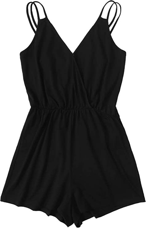 Wrap V Neck Spaghetti Straps Casual Short Jumpsuit Spaghetti Strap Rompers, Cami Romper, Solid Jumpsuit, Wrap Romper, Womens Playsuits, Plus Size Jumpsuit, Jumpsuit Fashion, Black Romper, Short Jumpsuit