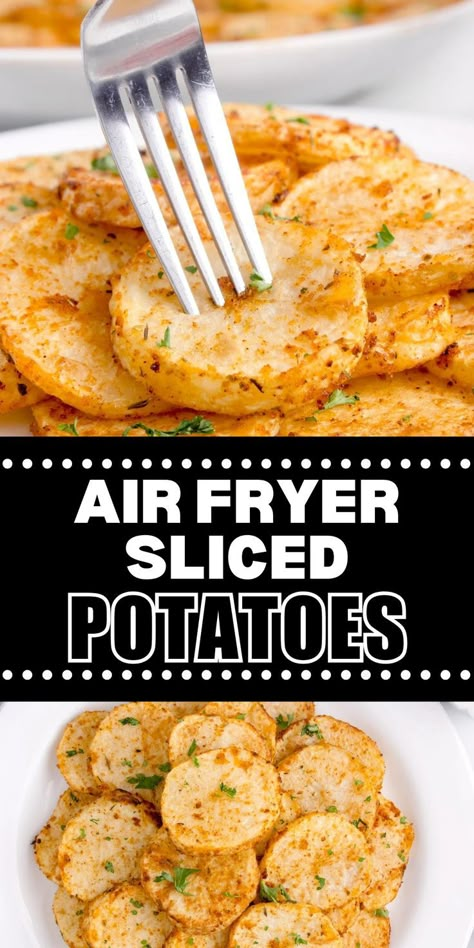 Collage of closeup shot of air fryer sliced potatoes at top and overhead shot of plateful of sliced air fryer potatoes at bottom. Airfryer Potatoes French Fries, Real Potato Fries In Air Fryer, Air Fry Golden Potatoes, Fry Potatoes In Air Fryer, Air Fry Potato Slices, Air Fry Sliced Potatoes, Air Fry Diced Potatoes, Air Fried Sliced Potatoes, Quick Air Fryer Potatoes