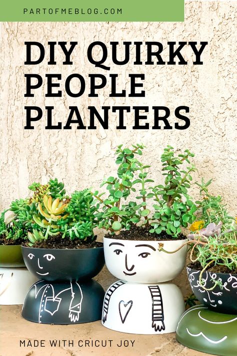 Cricut Planter Ideas, Quirky Planters, Quirky People, Flower Crown Tutorial, Upcycled Planter, Planter Project, Sewing Tape Measure, Plant Mama, Cricut Stencils