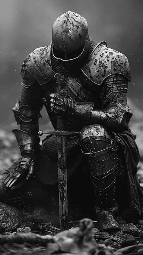 Nordic Warrior Art, King Leonidas Tattoo, Knight Praying, Dark Knight Tattoo, Warrior Kneeling, Warrior Black And White, Knight Aesthetics, Aesthetic Warrior, Knight Character Art