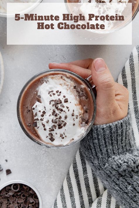 This rich and creamy hot chocolate recipe contains 12 grams of protein, making it the perfect drink to enjoy during the cold winter months when you're craving a nostalgic hot cocoa but with a healthy and nutritious boost! Vegan Hot Cocoa Recipe, Protein Hot Chocolate, Creamy Hot Chocolate Recipe, Healthy Hot Chocolate Recipe, Date Brownies, Fun Beverages, Vegan Latte, Creamy Hot Chocolate, Healthy Hot Chocolate