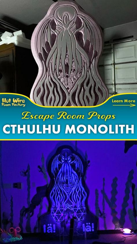 cthulhu themed monolith made out of pink xps foam and coated with glow in the dark paint Call Of Cthulhu Game, Haunted Props, Xps Foam, 2024 Party, Uv Paint, Foam Factory, Gothic Room, Glowing Effect, Awesome Crafts