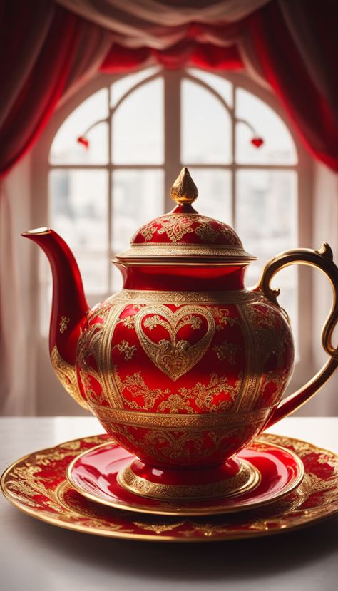 Exquisite red and gold teapot for Valentine's Day - AI creation Forever Wallpaper, Herbs Tea, Angels Among Us, Coffee Chocolate, Coffee Pots, Chocolate Pots, Cake Chocolate, Chocolate Coffee, Cups And Saucers