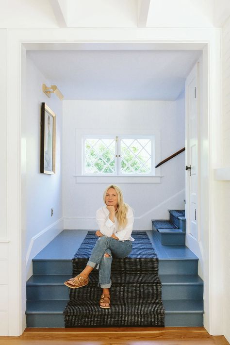 Having trouble figuring out whether you should put in a runner on your stairs or in a hallway?! Emily picked out the perfect blue textured carpet runner for her stairwell next to her entryway! Head on over to the blog to see her process of designing and matching this carpet runner to her welcoming home entryway! Everything I Learned About Stair Carpet Runners And What We Ended Up Installing (Including What It Cost) - Emily Henderson Stairs With Carpet, Stair Runner Ideas, Carpet Stair Runner, Sisal Stair Runner, Striped Stair Runner, Farmhouse Stairs, Stair Rug Runner, Staircase Runner, Stair Carpet