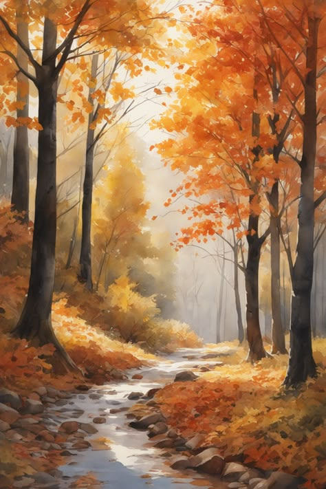 Autumn Scenes Landscapes, Fall Forest Watercolor Painting, Fall Forest Drawing, Fall Forest Watercolor, Autumn Landscape Illustration, Autumn Forest Drawing, Fall Oil Paintings, Autumn Scenery Landscape, Autumn Landscape Drawing