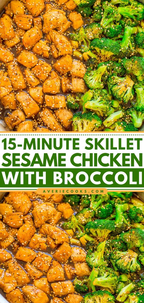 15-Minute Skillet Sesame Chicken with Broccoli - Averie Cooks Sesame Chicken And Broccoli, Healthy Sesame Chicken, Sesame Chicken Recipe, Sesame Sauce, Chicken And Broccoli, Sesame Chicken, Ritz Crackers, Broccoli Recipes, Boneless Skinless Chicken