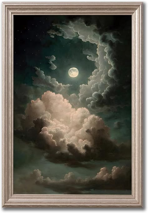 Cool Old Paintings, Vintage Celestial Art Wallpaper, Dark Moon Painting, Vintage Moon Wallpaper, Aesthetic Landscape Art, Vintage Celestial Art, Painting Of The Moon, Celestial Painting, Gothic Landscape