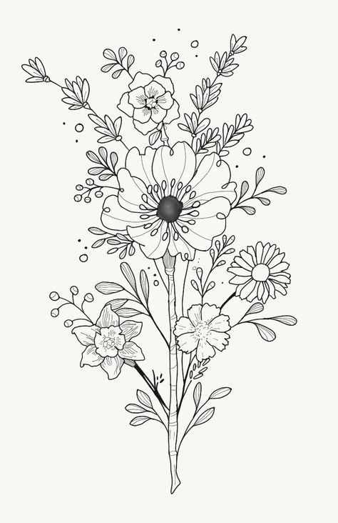 Bouquet Floral Bunch Drawing, Wildflower Bouquet Line Drawing, Cluster Of Flowers Drawing, Simple Flower Drawing Bouquet, Flower Bundle Drawings, Wild Flower Line Art, Bouquet Of Flower Drawing, Draw Bouquet Of Flowers, Flower Boquettes Drawings