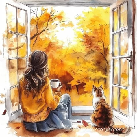 Autumn Illustration, Fall Watercolor, 수채화 그림, Floral Image, Image Editor, Hand Painted Artwork, Illustration Girl, Beautiful Flowers Pictures, Girls Illustration