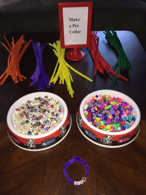 Adopt a Pet Birthday Party.  Make a personalized pet collar station. Dog bowl and alphabet beads from the dollar store. Adopt A Stuffy Birthday Party, Super Pets Birthday Party, Pet Themed Party, Make A Collar Puppy Party, Adopt A Pet Party Ideas, Adopt A Dog Birthday Party, Pet Party Ideas For Kids, Pet Store Birthday Party, Adopt A Cat Birthday Party