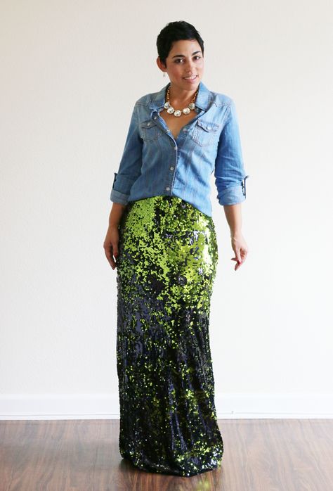 Outfits With Silver Skirt, Sequin Shoes Outfit, Green Sequin Skirt Outfit, Sequin Skirt Diy, Diy Sequin Skirt, Sequin Maxi Skirt Outfit, Green Sequin Skirt, Sequin Skirt Outfit, Diy Sequin