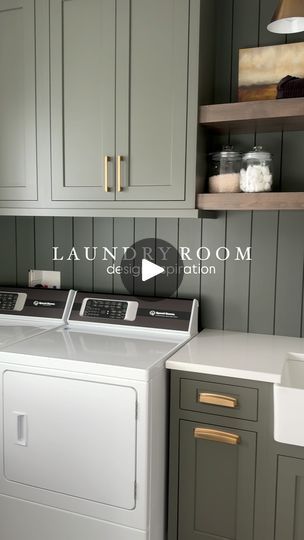 5K views · 2.9K reactions | Laundry days don’t look so bad when you’re doing it in a pretty space.  A couple FAQ’s I see regularly:   •Color - this color is a custom color from the cabinet company - it’s not a SW or BM color. If you’re looking for a similar green check out SW Forestwood.   •We LOVE our speed queen washer & dryer. They aren’t the most aesthetically pleasing but they work good and I’ll never go back to a front loader.  •The size of our laundry room is 9’6” x 7’. When we were designing the house we had to make some changes for our kitchen which meant slimming down the laundry room which I was absolutely fine with & still feel like it’s the perfect size. (Smaller room means less space for laundry to pile up 🤭)  Comment SHOP below to receive a DM with the link to shop this pos Dark Laundry Room Cabinets, Dark Washer And Dryer Laundry Room, Washer And Dryer Room, Dark Green Laundry Room, Laundry Room With Top Loader Ideas, Laundry Room Color Ideas, Laundry Room Paint, Laundry Room Colors, Laundry Room Paint Color