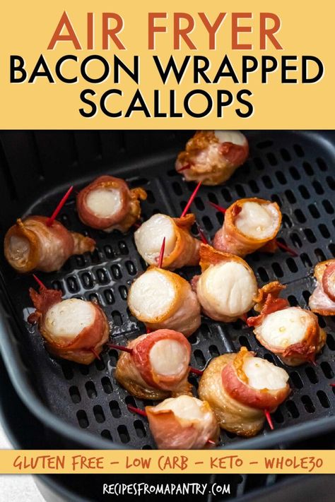 Air Fryer Bacon Wrapped Scallops are an easy-to-make yet impressive and elegant appetizer that's perfect for serving at holiday meals, New Year's Eve parties, and more. The indulgentcombination of scallops and bacon is ideal for special occasions, and making bacon wrapped scallops in air fryer is fast and simple, so you can spend more time celebrating. Click through to get this awesome seafood Air Fryer Bacon Wrapped Scallops recipe!! #appetizers #recipes #partyfood #bacon #scallops #airfryer Scallops In Air Fryer, Scallops And Bacon, Bacon Wrapped Scallops Recipe, Bacon Scallops, Making Bacon, Frozen Scallops, Air Fryer Bacon, Fresh Scallops, Scallops Recipe