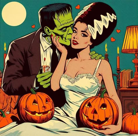 Frankenstein And Bride Wallpaper, Bride Of Frankenstein Pinup Tattoo, Rockabilly Frankenstein And Bride, Frankenstein And Bride Art Love, Pop Art Bride Of Frankenstein, I Frankenstein, Halloween Pin Up, Frankenstein Art, Rockabilly Art