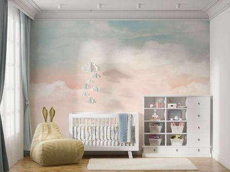 Cloud Nursery Wallpaper, Nursery Sky Theme, Sky Themed Nursery, Cloud Room, Blue Kids Room, Mural Nursery, Cloud Aesthetic, Sky Nursery, Kindergarten Wallpaper