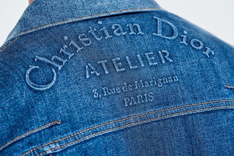 Stretch cotton denim jacket, "Christian Dior Atelier" embossing - Ready-to-Wear - Men's Fashion | DIOR Embossed Clothing, Christian Dior Atelier, Dior Denim, Denim Headband, Mens Denim Jacket, Dior Atelier, Coats For Men, Denim Print, Denim Projects