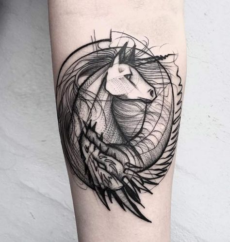 Unicorn Sketch Style Forearm Tattoo Unicorn Tattoo Designs, Unicorn Sketch, Tatoo 3d, Unicorn Tattoo, Tier Tattoo, Sketch Style Tattoos, Yin Yang Tattoos, Unicorn Tattoos, Ron Burgundy