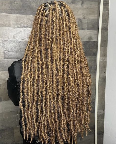 613 And 27 Soft Locs, Faux Locs With Highlights, Honey Blonde Soft Locs Black Women, Color 27 Soft Locs, Honey Blonde Butterfly Locs, Honey Blond Butterfly Locs, Brown And Blonde Faux Locs Black Women, Blonde Butterfly Locks, Honey Blond Faux Locs