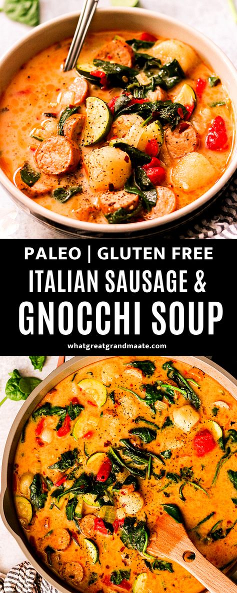 Italian Sausage And Gnocchi, Sausage And Gnocchi Soup, Gnocchi Italian, Gnocchi Recipes Soup, Soup Paleo, Cauliflower Gnocchi, Gluten Free Gnocchi, Gluten Free Italian, Delicious Paleo Recipes