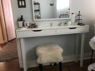 Due to limited space, I needed a makeup table for my bedroom that was as shallow as possible but would still provide storage. Alex Vanity, Modern Makeup Table, Ikea Legs, Ikea Makeup Vanity, Wall Shelf With Drawer, Ikea Ekby, Storage Ikea, Wall Shelf Unit, Modern Makeup