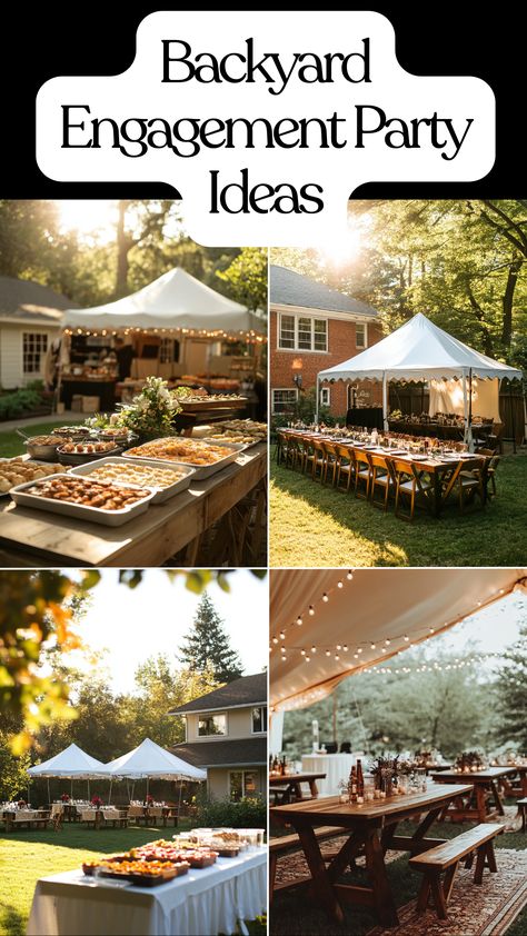 Backyard engagement party setup with decor, food, and tent ideas for a cozy celebration. Engagement Party At Park, Engagement Party Bonfire, Lakeside Engagement Party, Engagement Party Country Theme, Backyard Jack And Jill Party, Simple Backyard Engagement Party, Coed Engagement Party Ideas, Engagement Party Venues, Engagement Party Entertainment