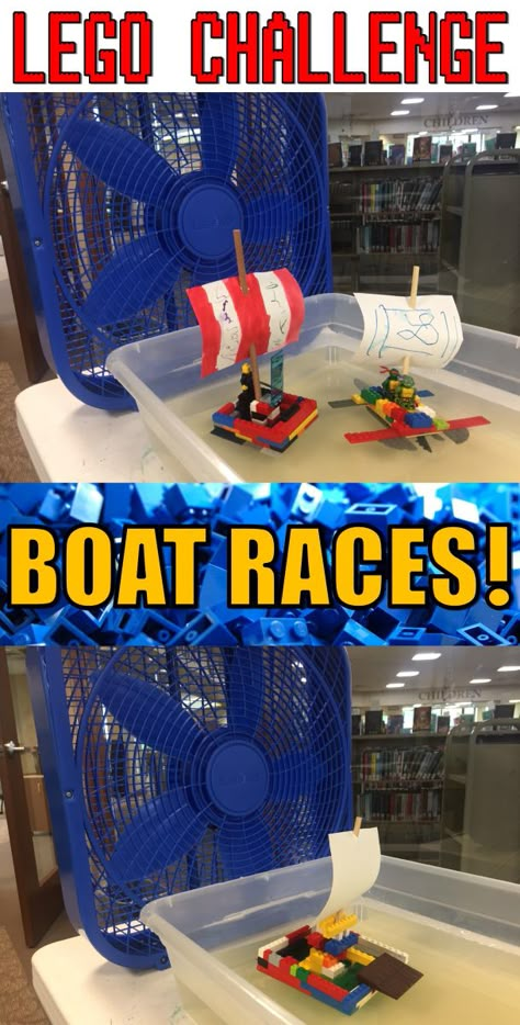 Lego Club Idea for Libraries--Build boats out of Legos and RACE THEM!! Lego Day At School, Lego Stem Ideas, Lego Stem Activities, Lego Stem, Lego Camp, Lego Challenge, Lego Club, Lego Activities, Lego Craft