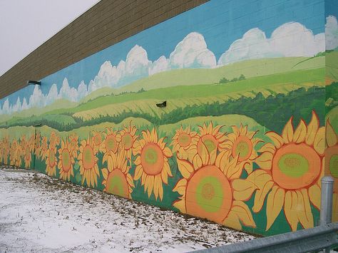 Sunflower Mural by tobo, via Flickr Barn Mural, Food Mural, Sunflower Mural, Group Art Projects, Garden Mural, School Murals, Fence Art, Mural Ideas, Wall Murals Painted