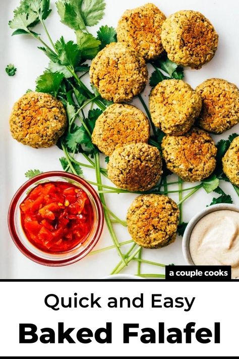 This baked falafel recipe is easy and healthy: a shortcut using with canned chickpeas! Eat it with dips, in a pita, on a salad, and more. #falafel #bakedfalafel #easyfalafel #falafelwithcannedchickpeas #vegan #vegetarian #glutenfree #vegandinner #easyvegandinner #glutenfreedinner #vegetariandinner #healthydinner #dinnerideas #easydinnerideas Falafel Recipe Canned Chickpeas, Falafel Sauce Recipe, Falafel With Canned Chickpeas, Baked Falafel Recipe, Falafel Recipe Easy, Salad Dressing Recipes Healthy, A Couple Cooks, Cholesterol Recipes, Baked Falafel