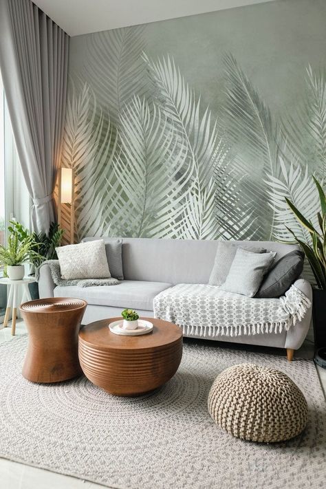 Green Feather Leaves Wallpaper Mural | Abstract Ever Wallpaper UK Wallpaper For Walls Interiors, Living Room Design Green, Botanical Interior Design, Green Nature Wallpaper, Wallpaper Walls Bedroom, Mural Abstract, Green Leaf Wallpaper, Living Room Wall Designs, British Colonial Decor