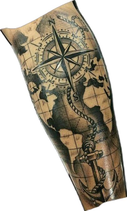 Navy Forearm Tattoo Men, Nautical Calf Tattoo Men, Men’s Calf Sleeve Tattoo, Marine Compass Tattoo, Compass Tattoo Men Sleeve, Map Tattoos Men, World Tattoo Men, Nautical Leg Sleeve Tattoo, Map And Compass Tattoo Design