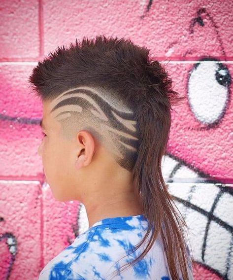 45 Mullet Haircut Ideas from Atrocious to Thrilling | MenHairstylist.com Kids Modern Mullet Haircut, Modern Mullet Haircut For Boys, Faux Hawk Mullet Boys, Long Mohawk Boys, Log Hair, Mohawk Mullet Kids, Men's Mullet, Trending Boys Haircuts, Shaved Side Haircut