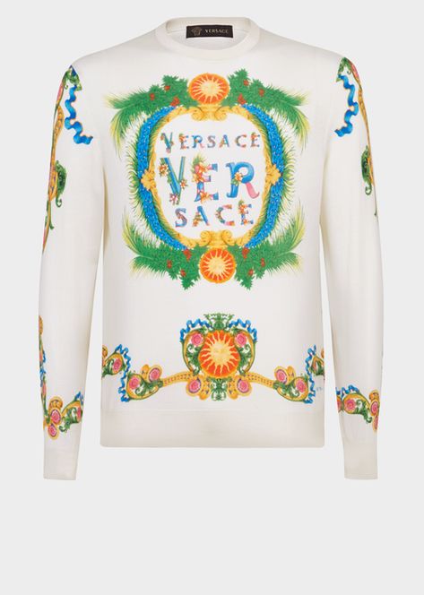 Silk Sweater, Modern Ideas, Stylish Sweater, Versace Sweatshirt, Versace Logo, Designer Sweatshirts, Stylish Sweaters, Garden Print, Pattern Sweater